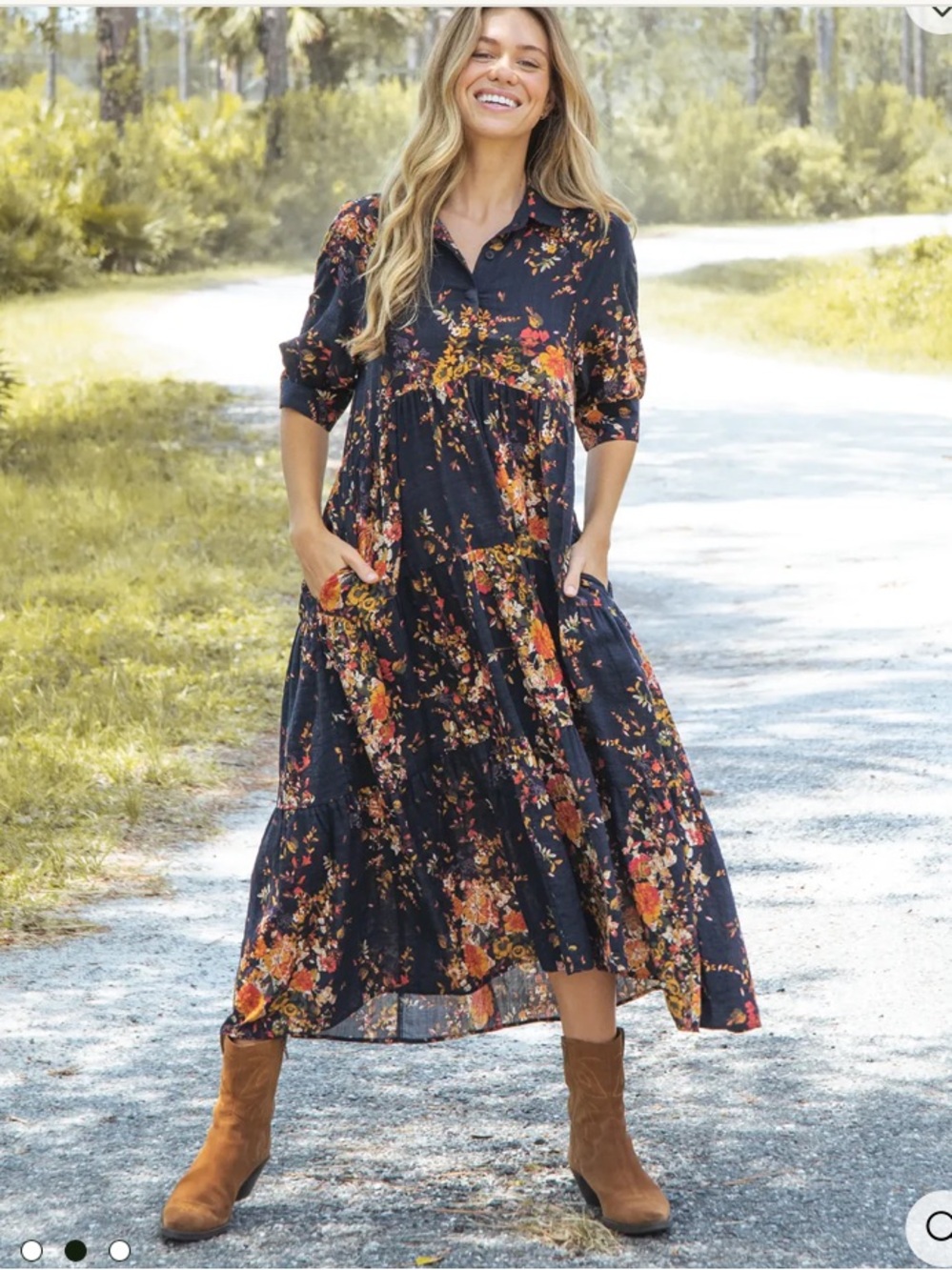 Natural Life Rebecca Midi dress size L boho loose fit babydoll cotton floral